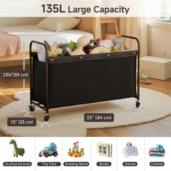 StorageWorks Toy Chest with Wheels, front view shows durable metal frame and soft fabric body for long-lasting storage.