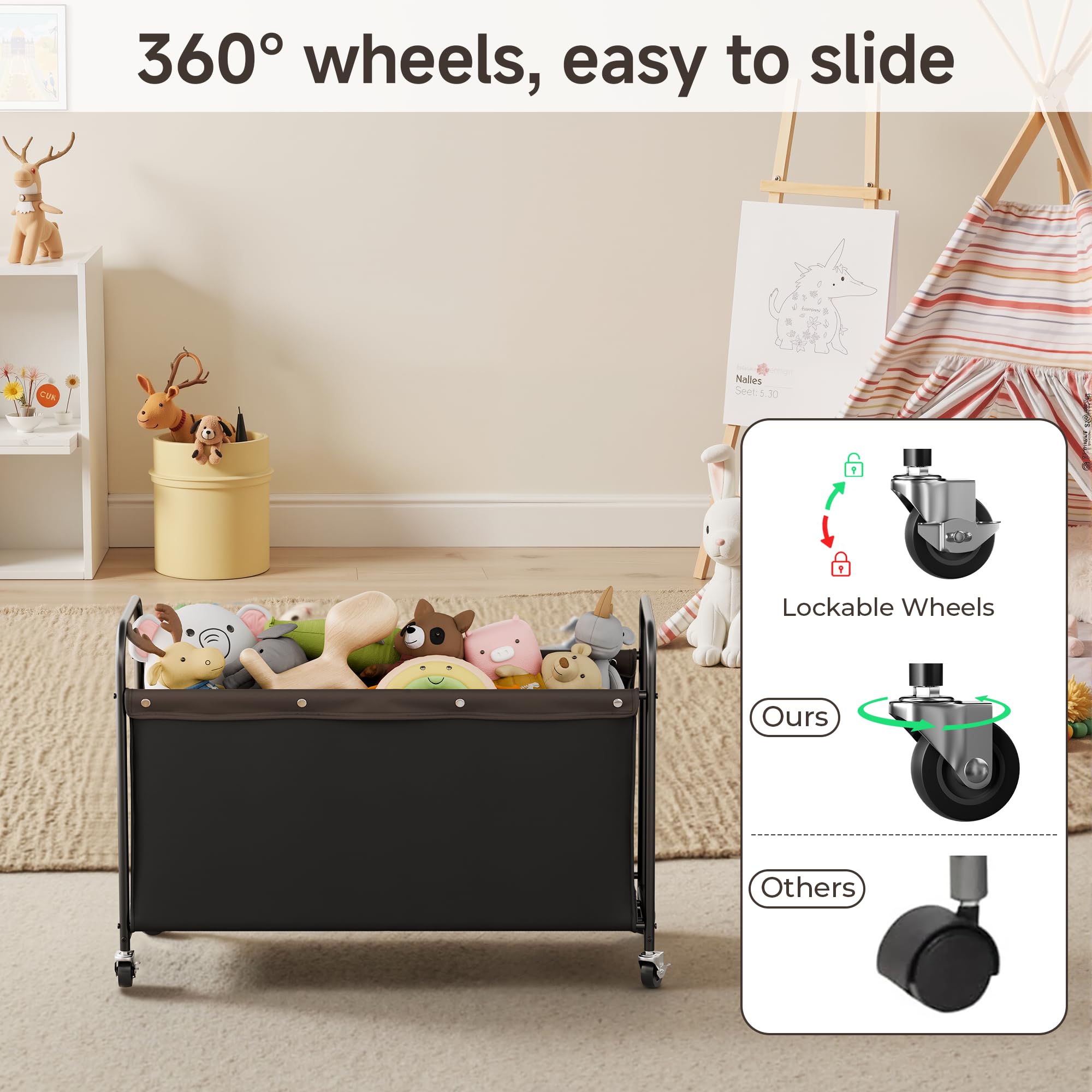 StorageWorks Toy Chest with Wheels, oxford fabric finish highlights lightweight, durable storage.