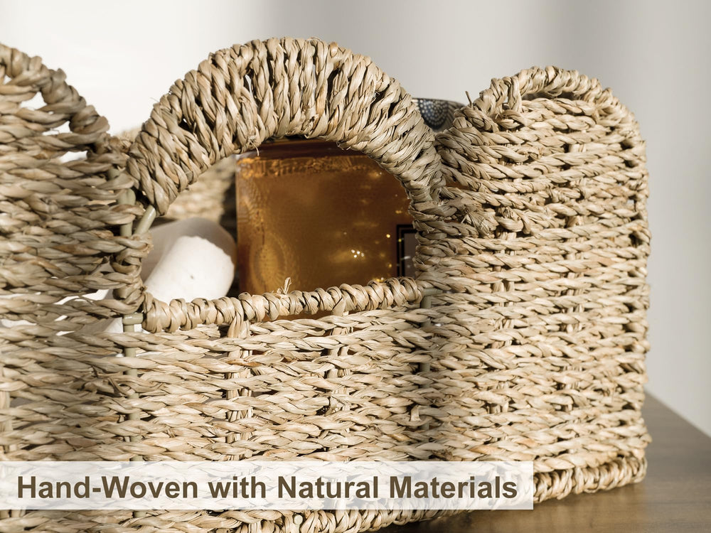 StorageWorks wicker basket in bathroom for towels and toiletries.