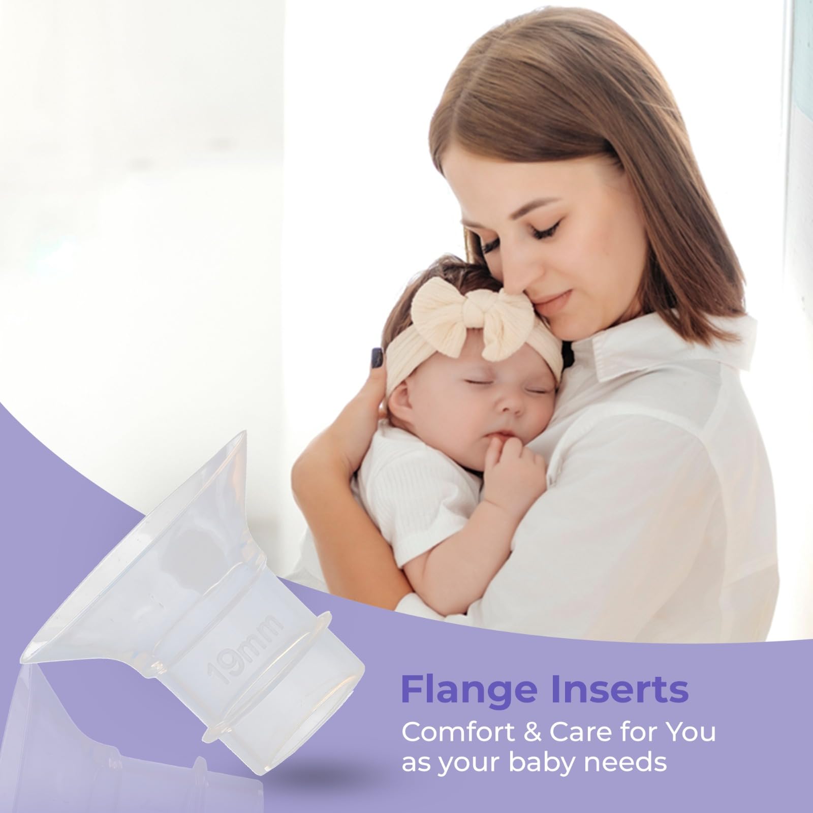 Nipple-friendly 19mm inserts offer comfort during extended pumping sessions.
