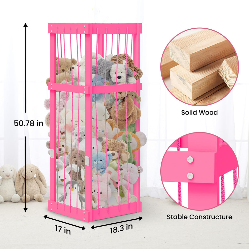 Storenization flexible cords stuffed animal display; easy access for quick toy retrieval.