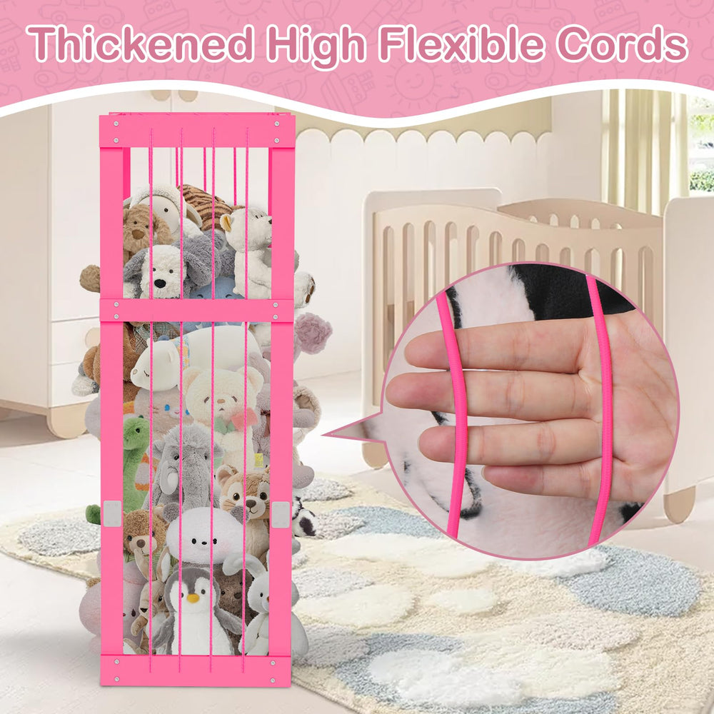 Storenization pink stuffed animal storage zoo for kids room; bright color sparks organized play.