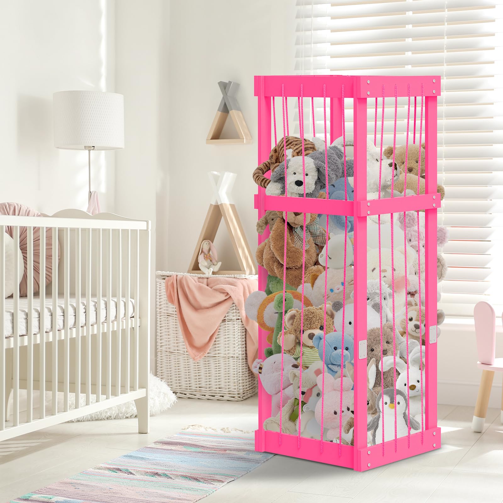 Storenization plushies storage cage display; keeps plushies accessible and neatly arranged.