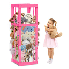 Storenization wood stuffed animal storage zoo in pink, sturdy display for plush toys.