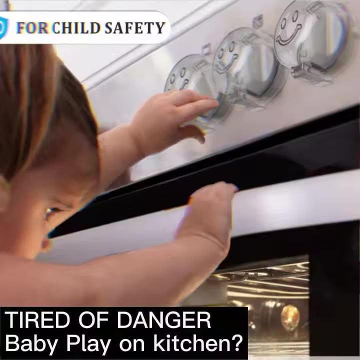 Smiley-face stove knob covers fit most stoves for quick child protection.