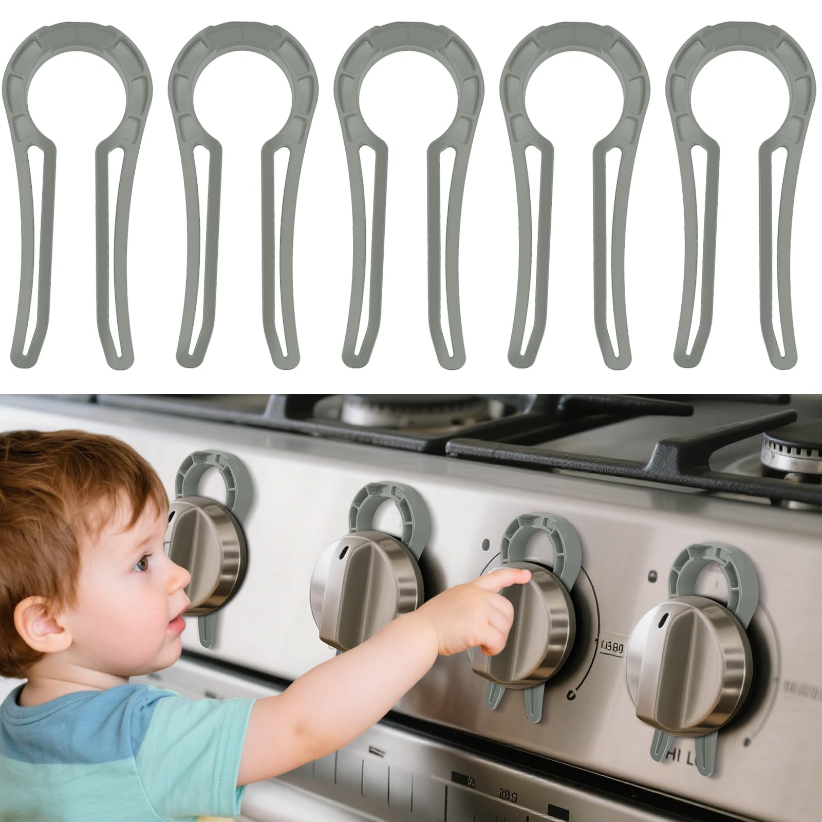 Stove Stoppaz gas stove knob locks 5-pack grey protect kids and pets from accidental stove use.