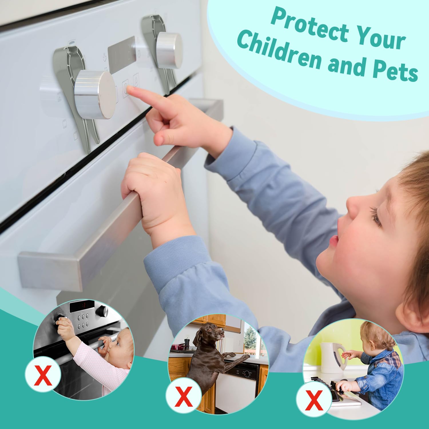 Stove Stoppaz kitchen-use-case shows safe cooking with kids and pets nearby.