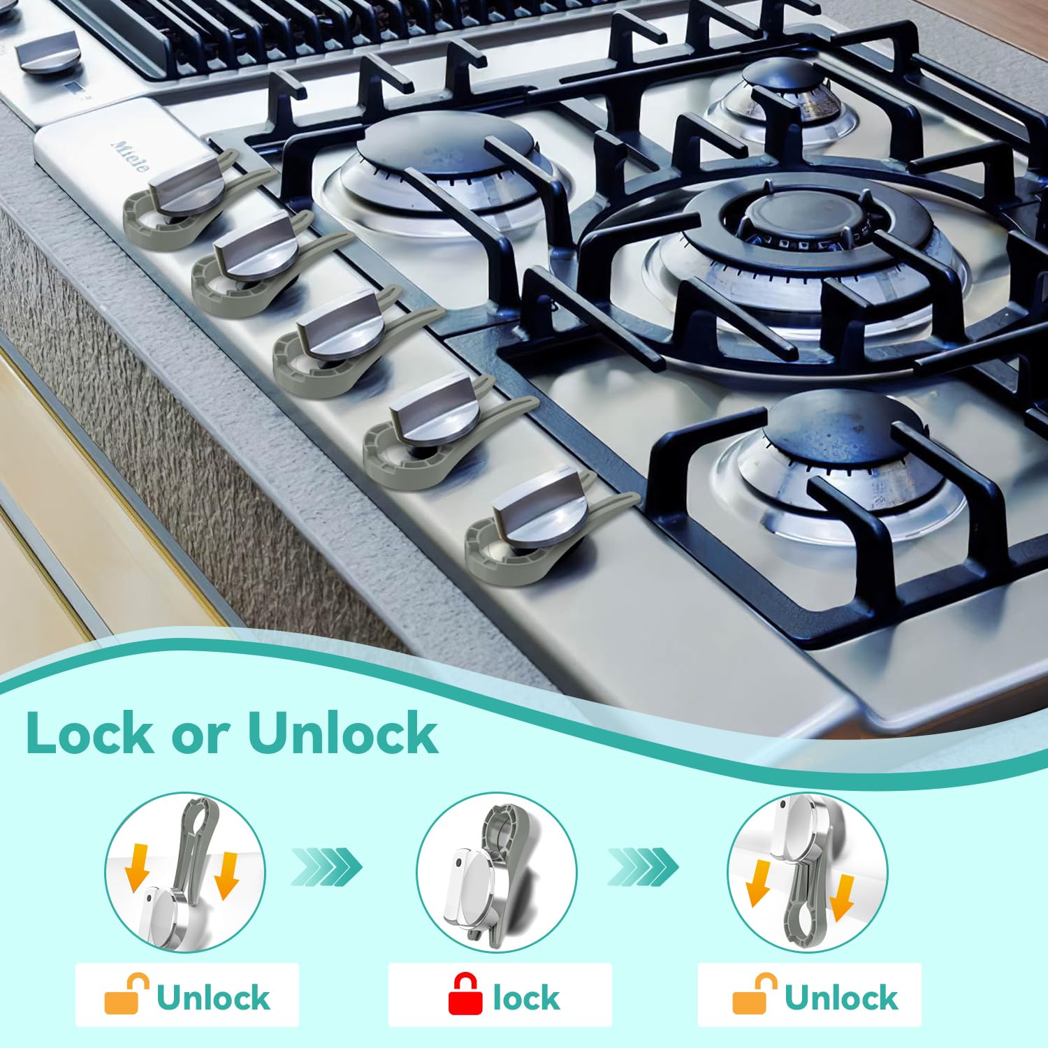 Stove Stoppaz knob locks installed on stove demonstrate quick, tool-free installation for safer kitchen.