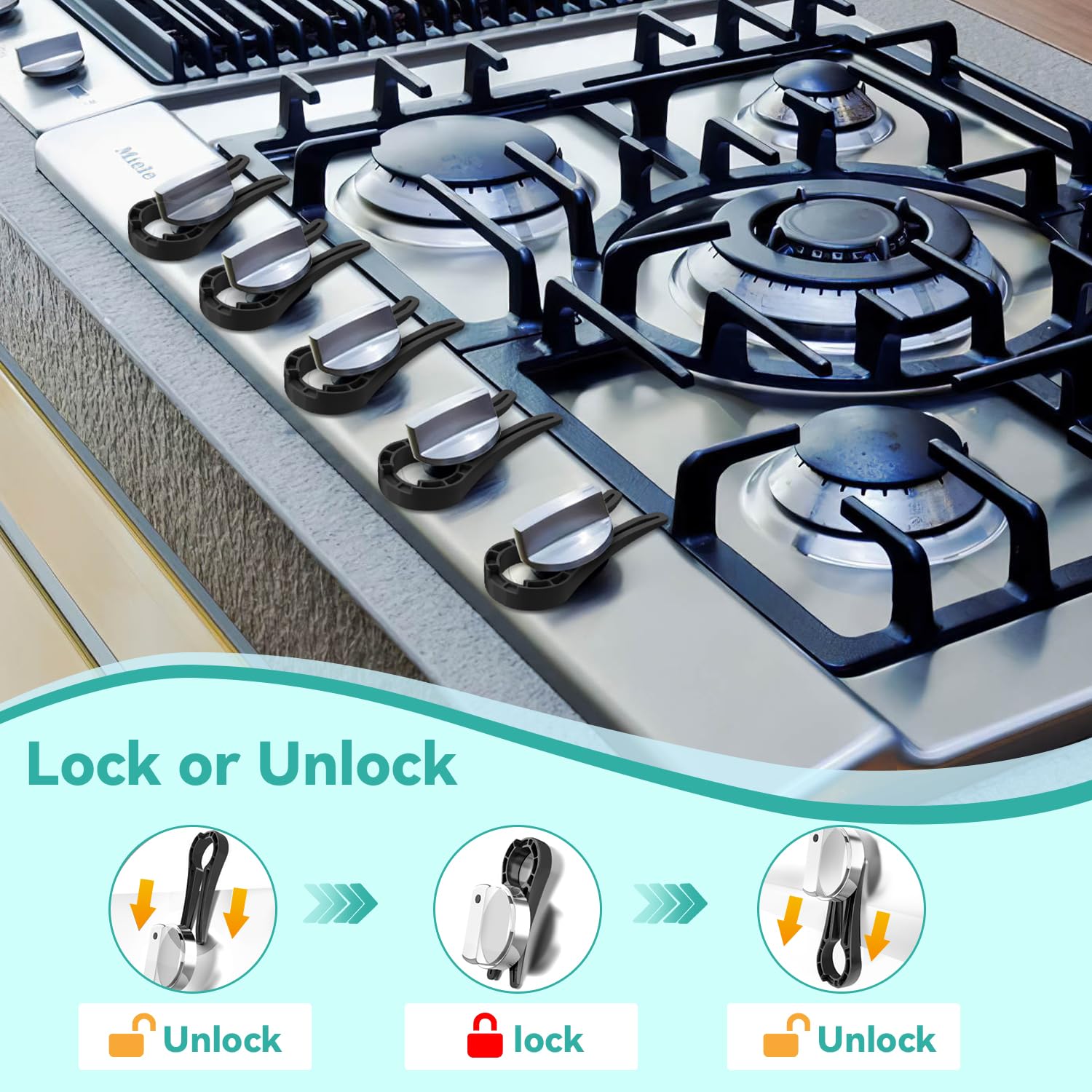 Stove Stoppaz knobs installed on the stove offer quick, tool-free safety.