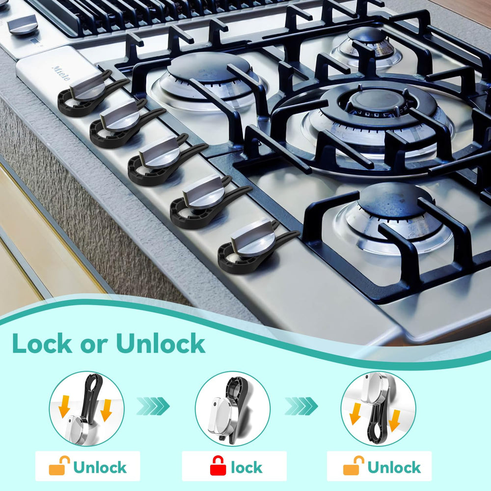 Stove Stoppaz knobs installed on the stove offer quick, tool-free safety.