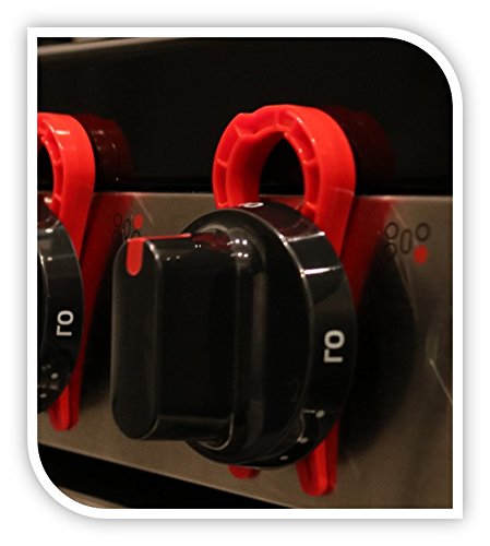 Stove Stoppaz red knob lock on gas stove prevents accidental ignition.