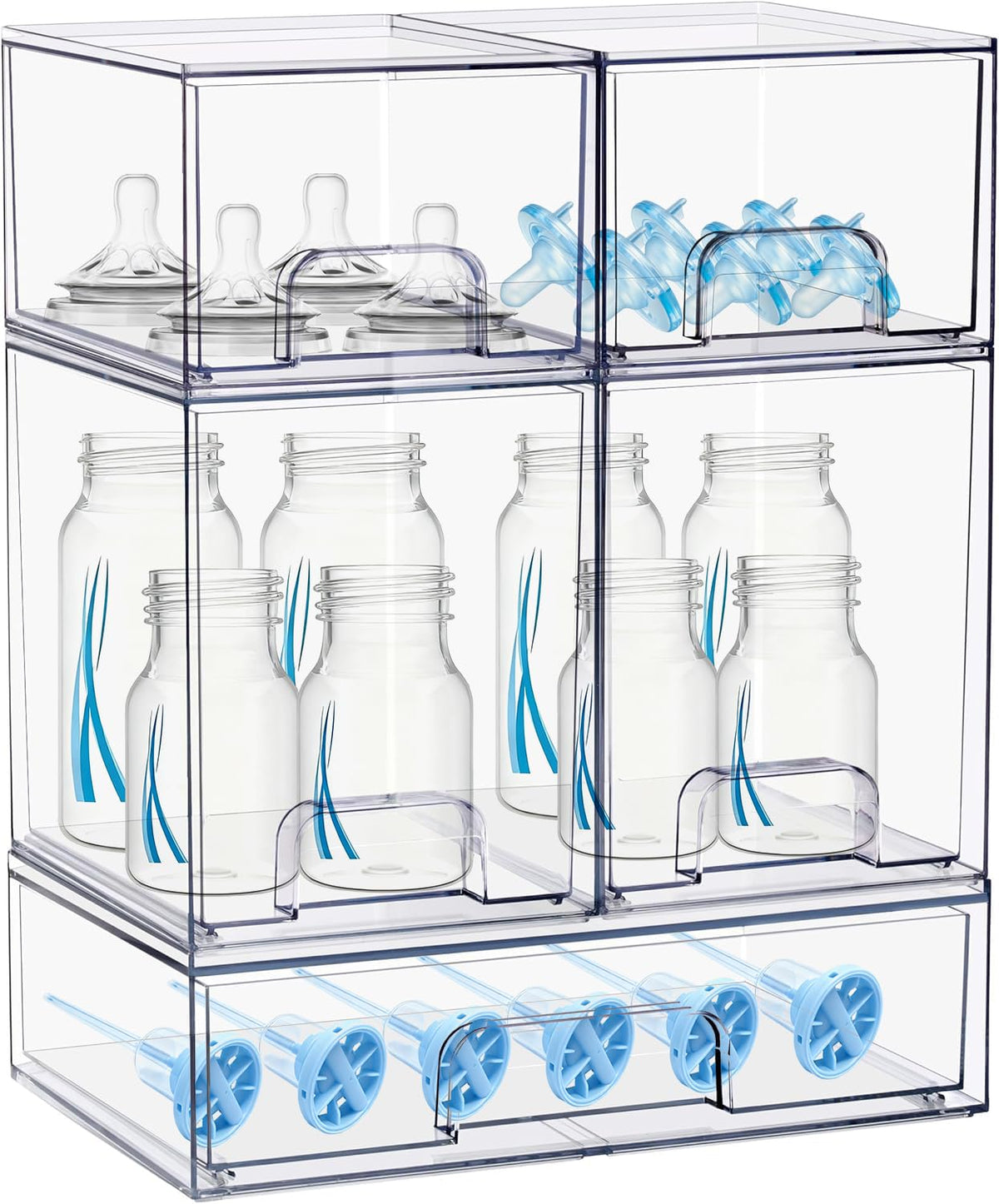 Stowgo baby bottle organizer with stackable drawers for tidy storage and quick access