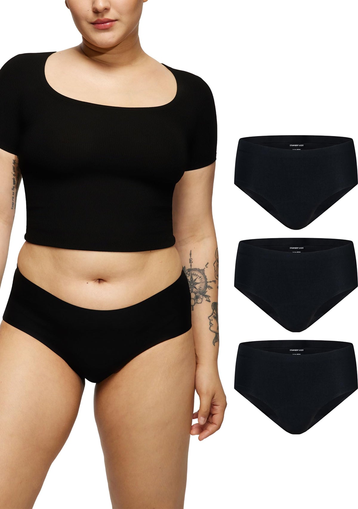 Strawberry Weeks LEAKPROOF2 seamless mid-waist brief shown on model for all-day protection.