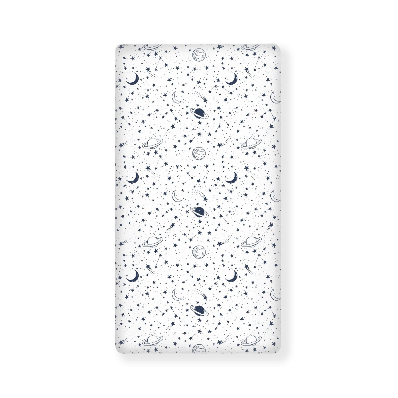 Streeyiu Stars Planets crib sheet closeup shows soft polyester fabric for baby comfort.