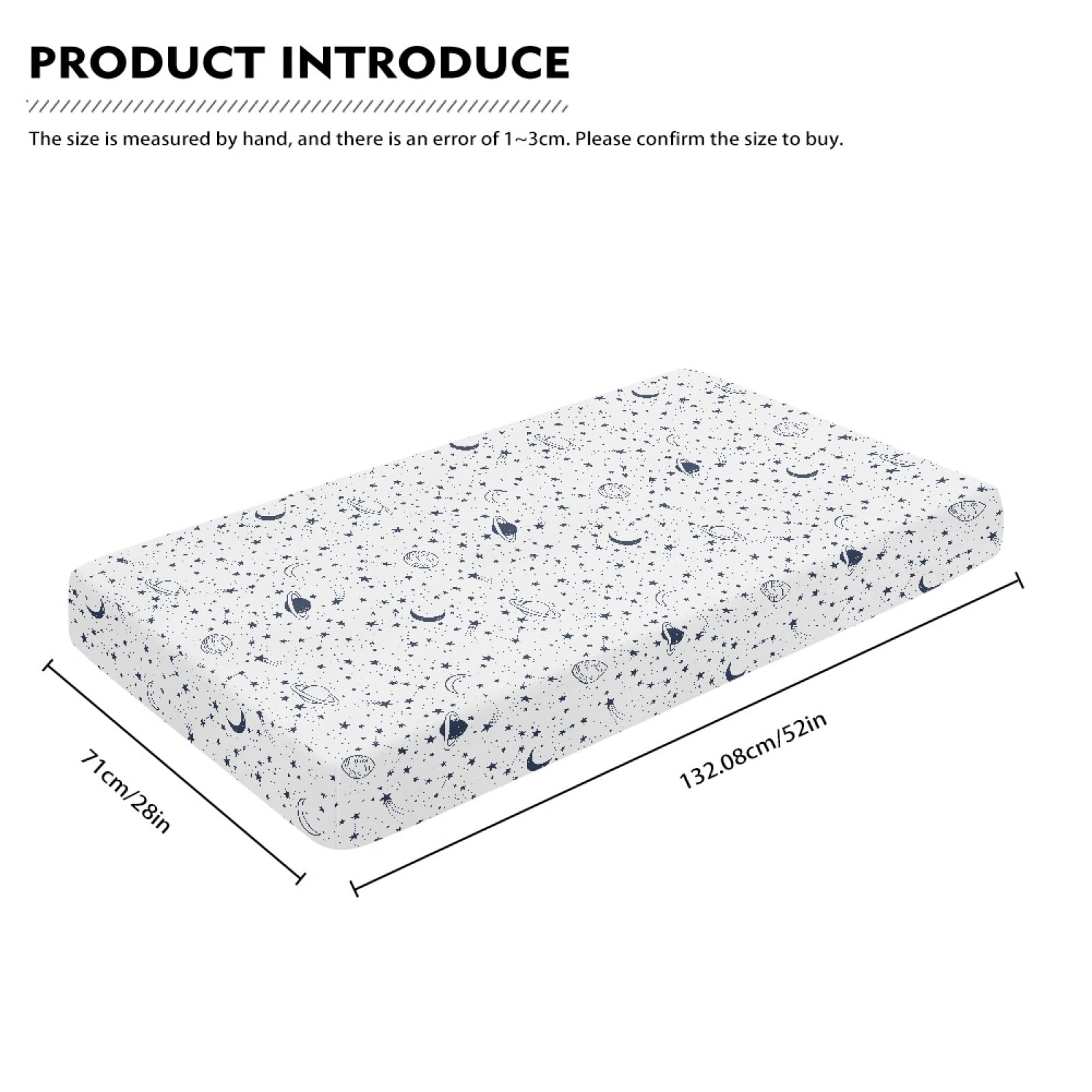 Streeyiu universal-fit crib sheet demonstrates snug 52x28x8 sizing on a standard mattress.