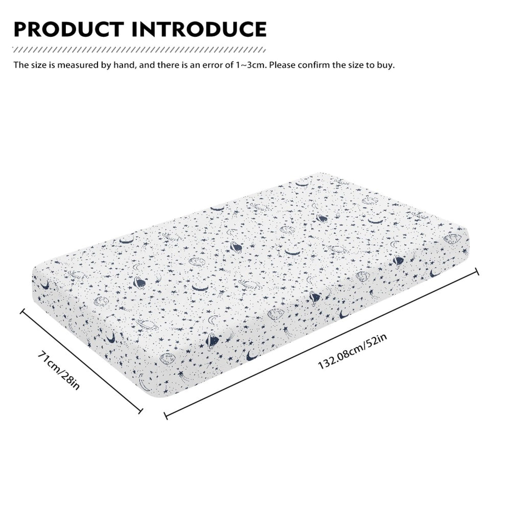 Streeyiu universal-fit crib sheet demonstrates snug 52x28x8 sizing on a standard mattress.