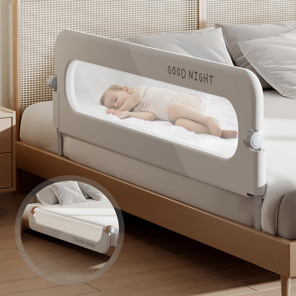 Strenkitech foldable bed rails assembly diagram showing quick setup and secure fit
