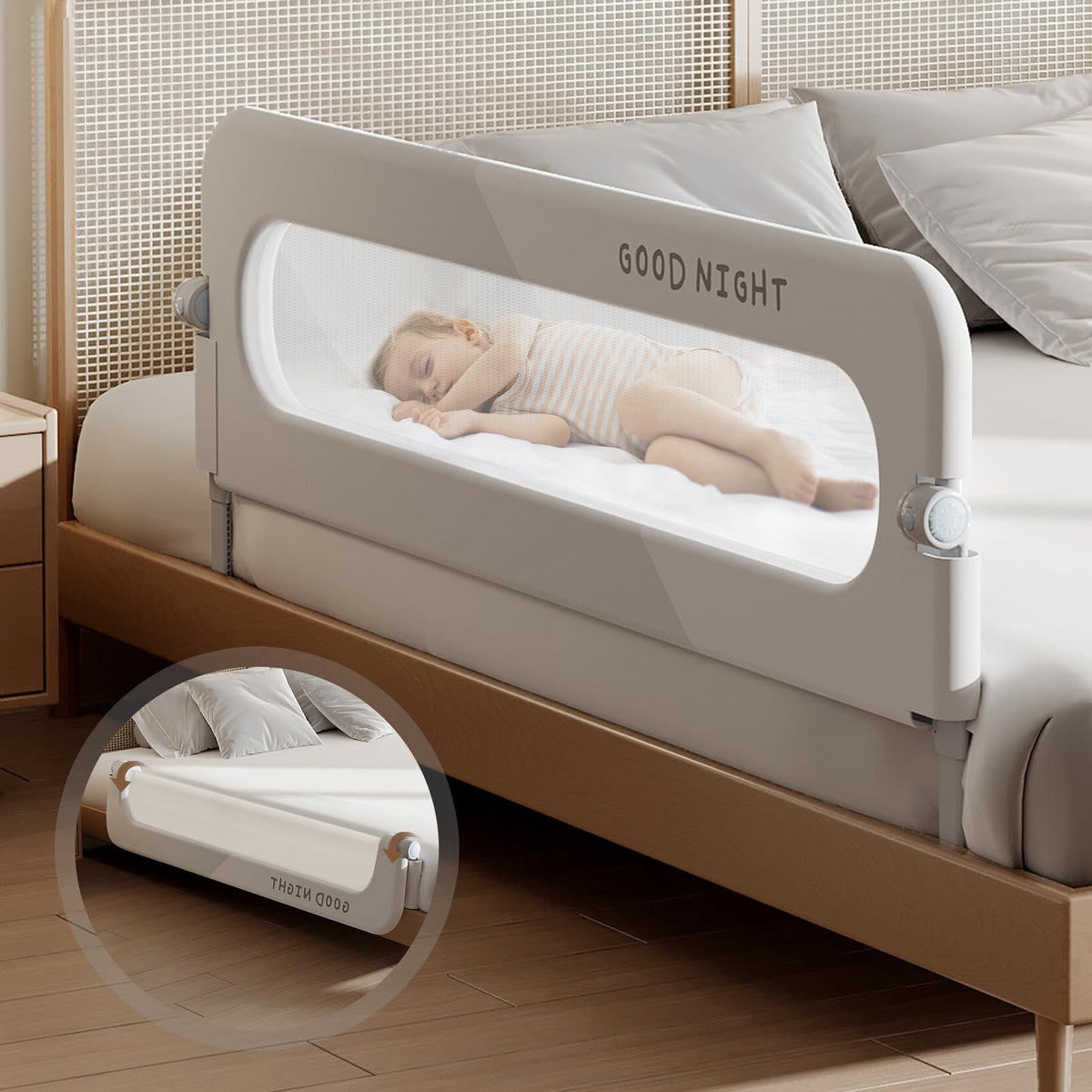 Strenkitech foldable bed rails assembly diagram showing quick setup and secure fit