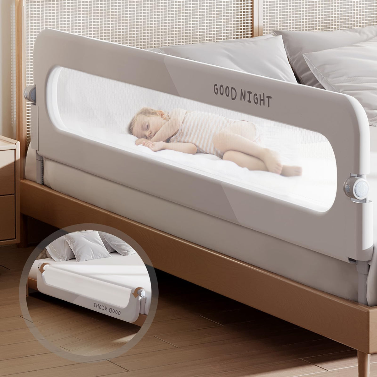 Strenkitech foldable bed rails showing folding mechanism for quick bedtime setup.