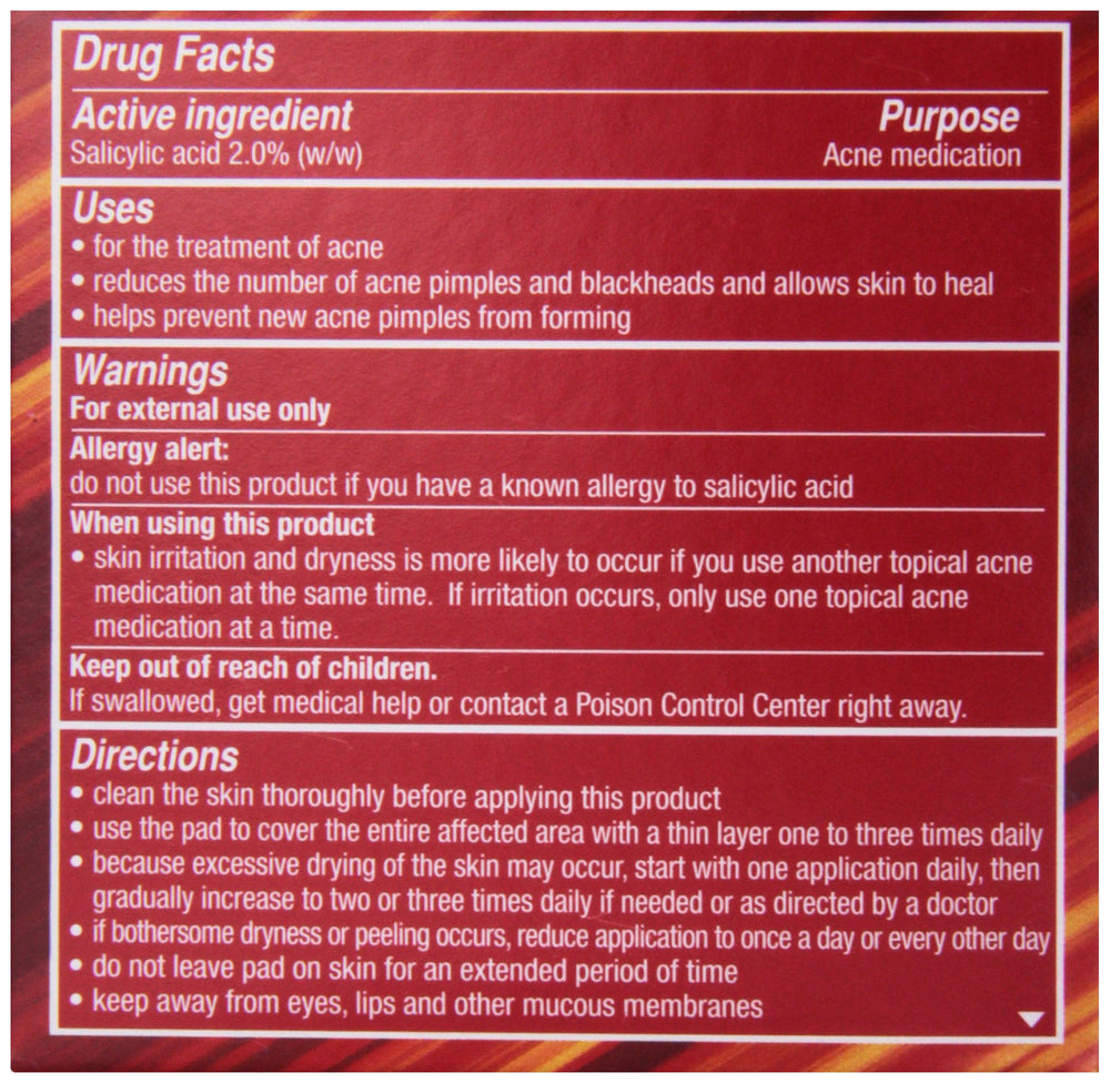Ingredients panel on Stridex Maximum Strength box