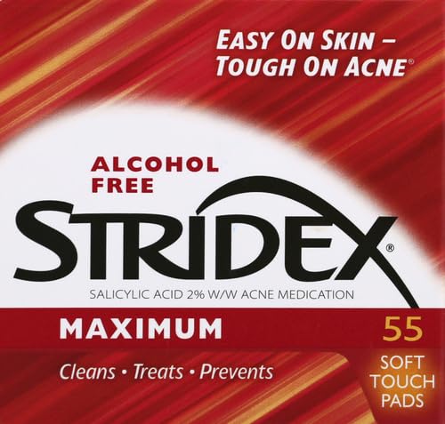 Stridex Maximum Strength packaging close-up highlighting 55-count value