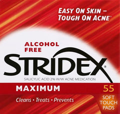 Stridex Maximum Strength packaging close-up highlighting 55-count value