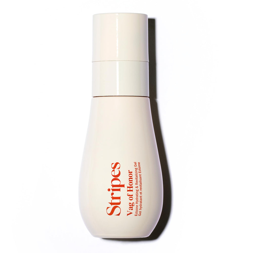 STRIPES Vag Honor bottle pump delivering hydrating gel for lasting comfort.