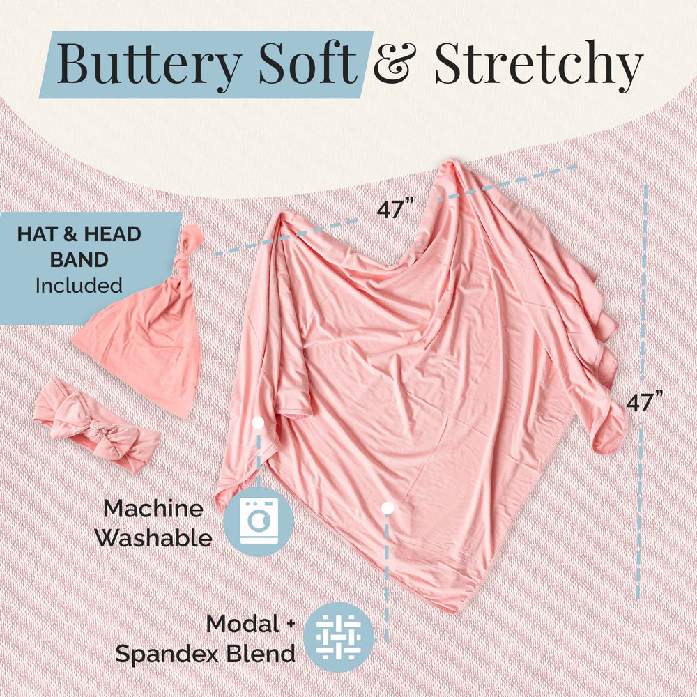 Stroller Society matching pink headbands accompany the swaddle set for gentle styling