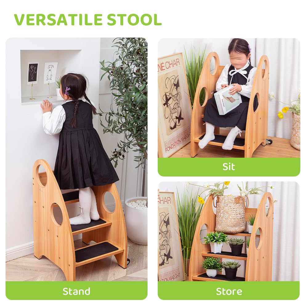 StrongTek Kids Step Stool converts into a chair and storage shelf for versatility.