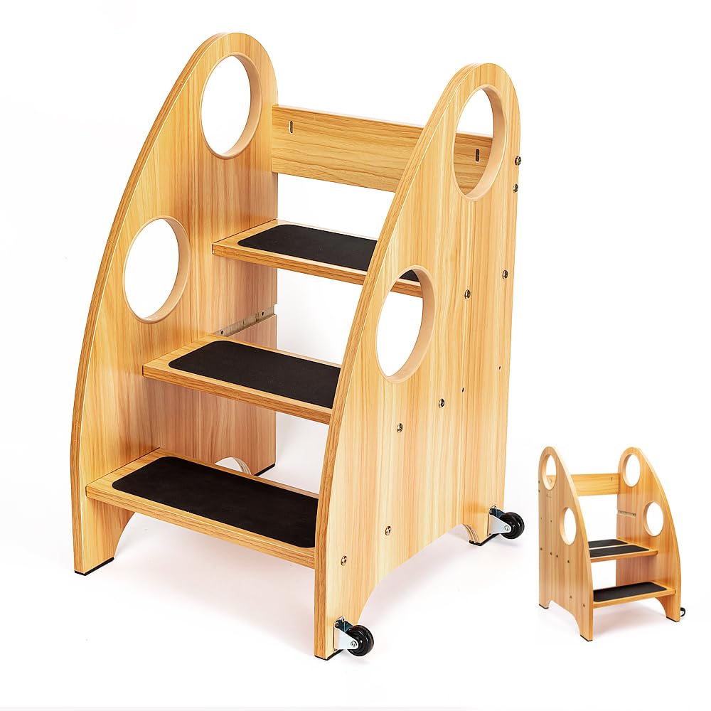StrongTek Kids Step Stool with 3-tier wooden tower for safe reaching sinks and counters.