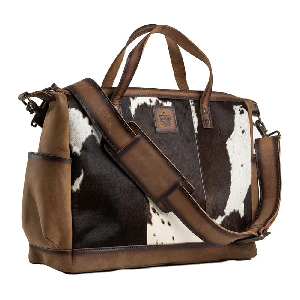 STS Ranchwear cowhide diaper bag front view with secure top zipper for busy days