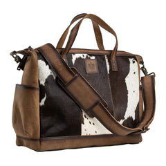 STS Ranchwear cowhide diaper bag front view with secure top zipper for busy days
