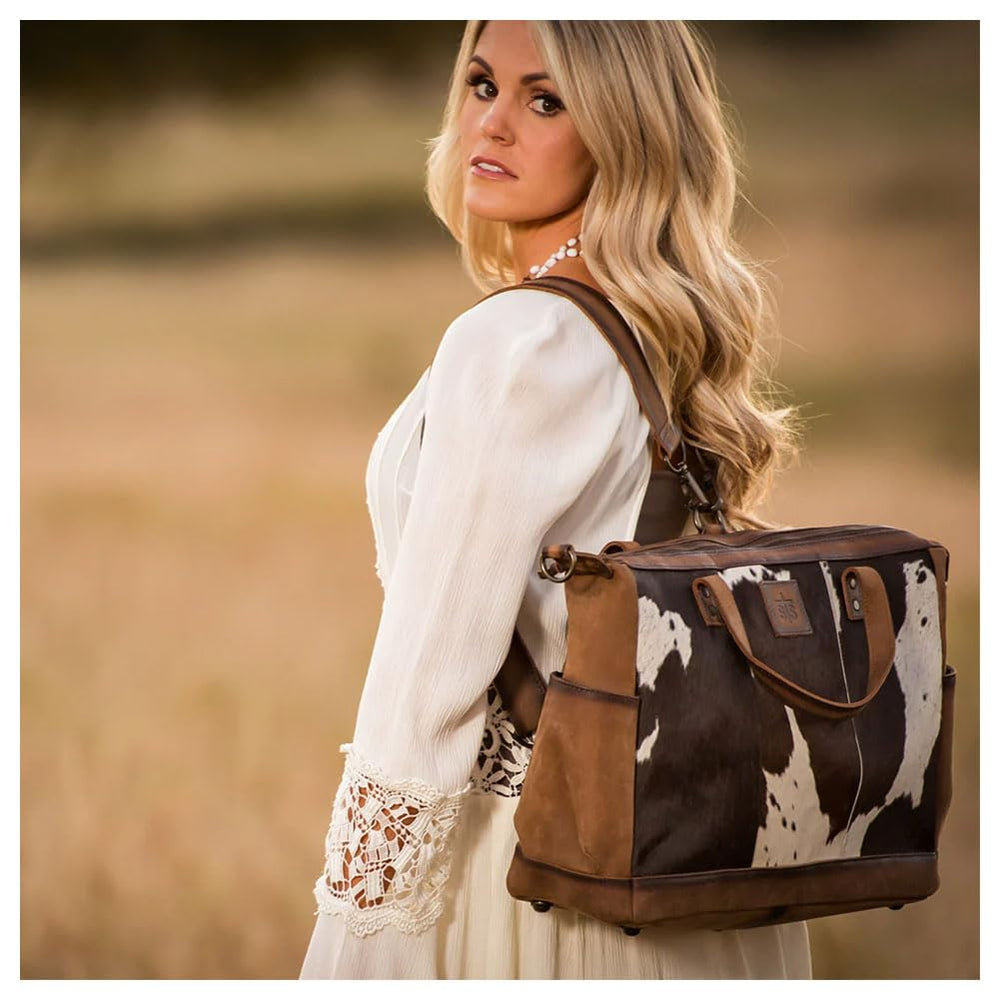 Hair-on-hide texture on STS cowhide diaper bag stands out