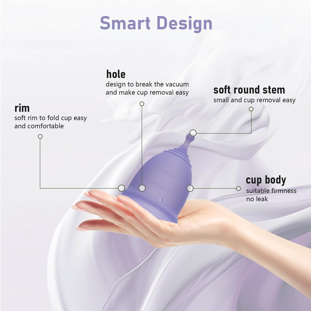 Stunncup Violet Small Cup cleaning scene emphasizes easy rinse