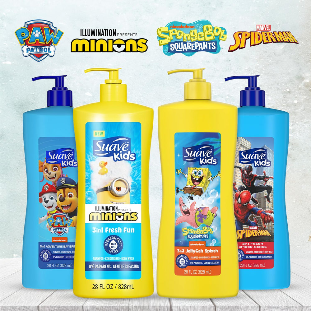 Suave Kids Minions Tear-Free bottle features gentle cleansing for sensitive skin.