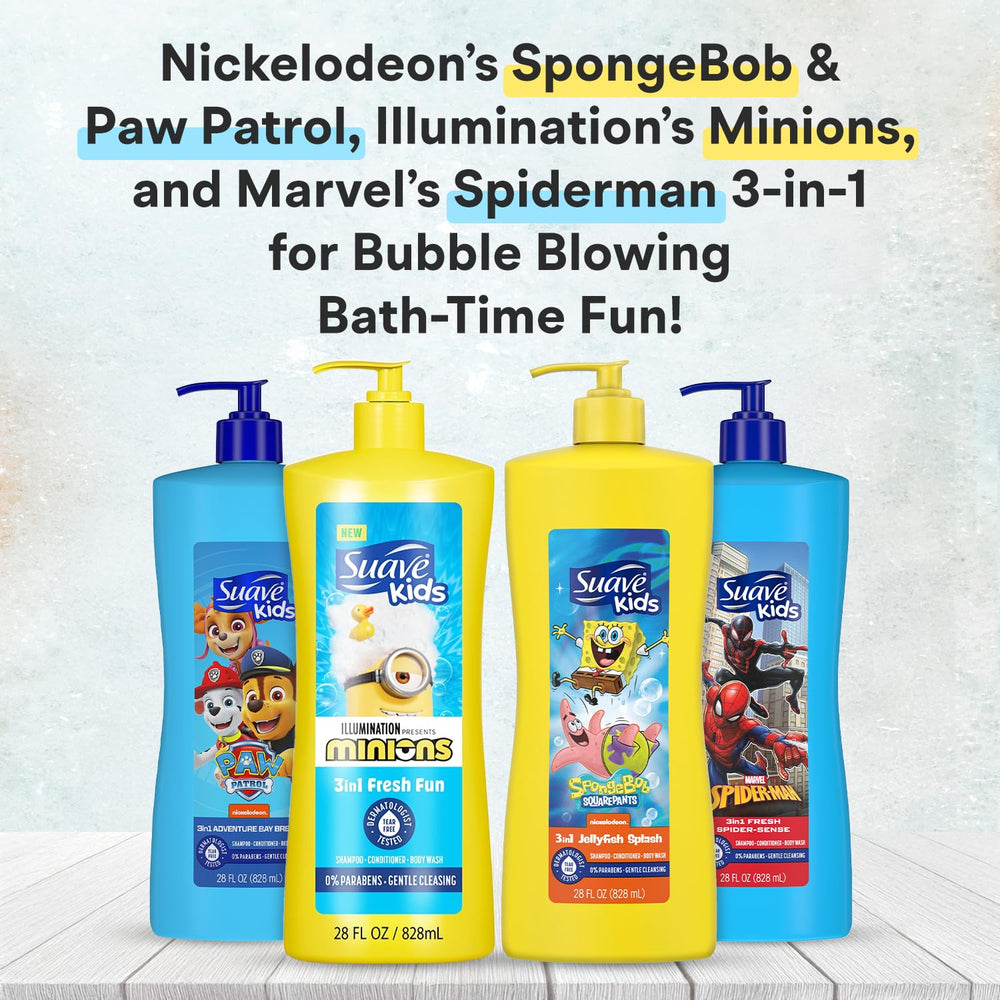 Close-up of Suave Kids Spiderman Sense bottle with pump for convenient use.