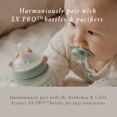Ultra-soft silicone texture on Suavinex Bonhomia SX Pro pacifier feels nipple-like.
