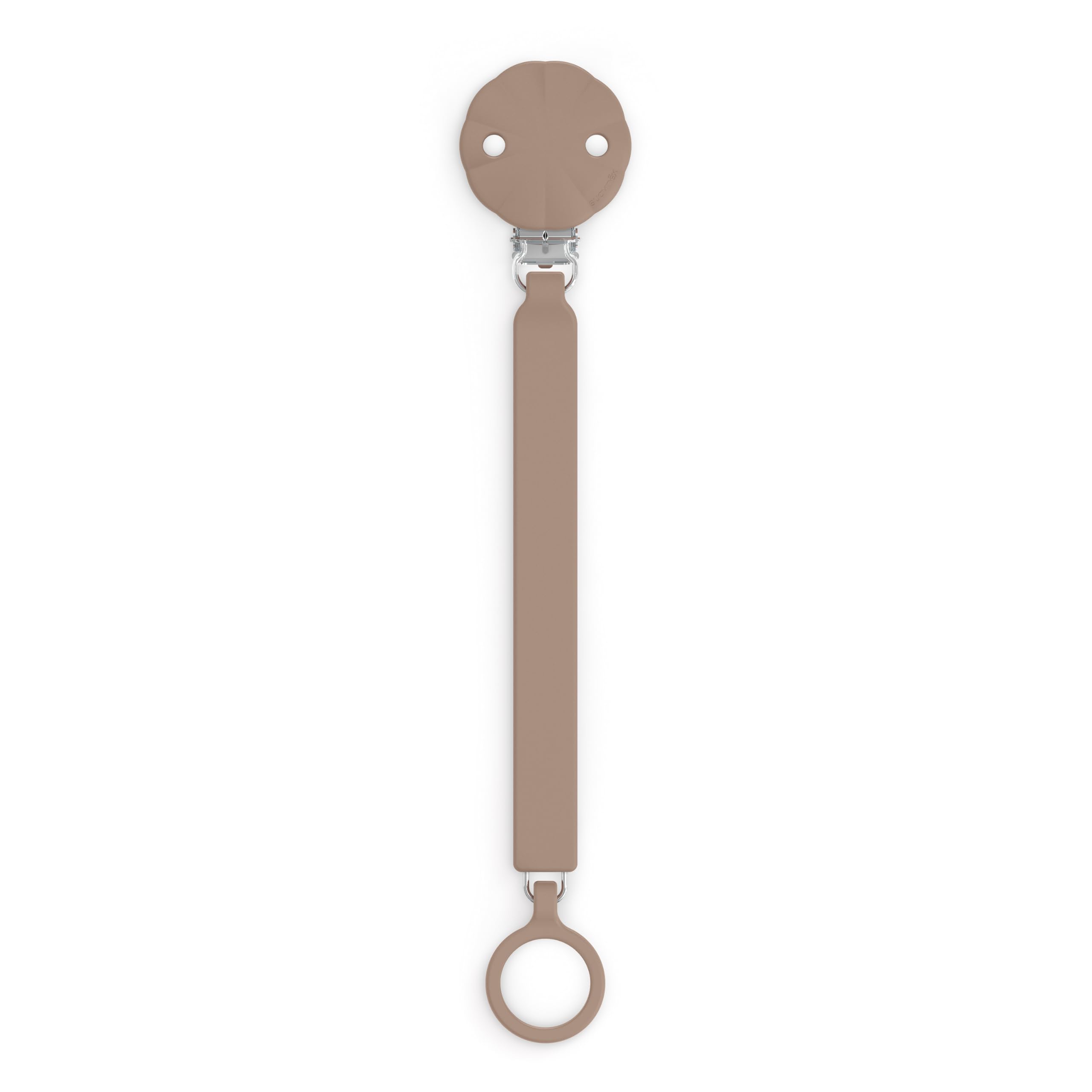 Suavinex Wonder pacifier clip in raw umber close-up showing smooth silicone finish for easy cleaning
