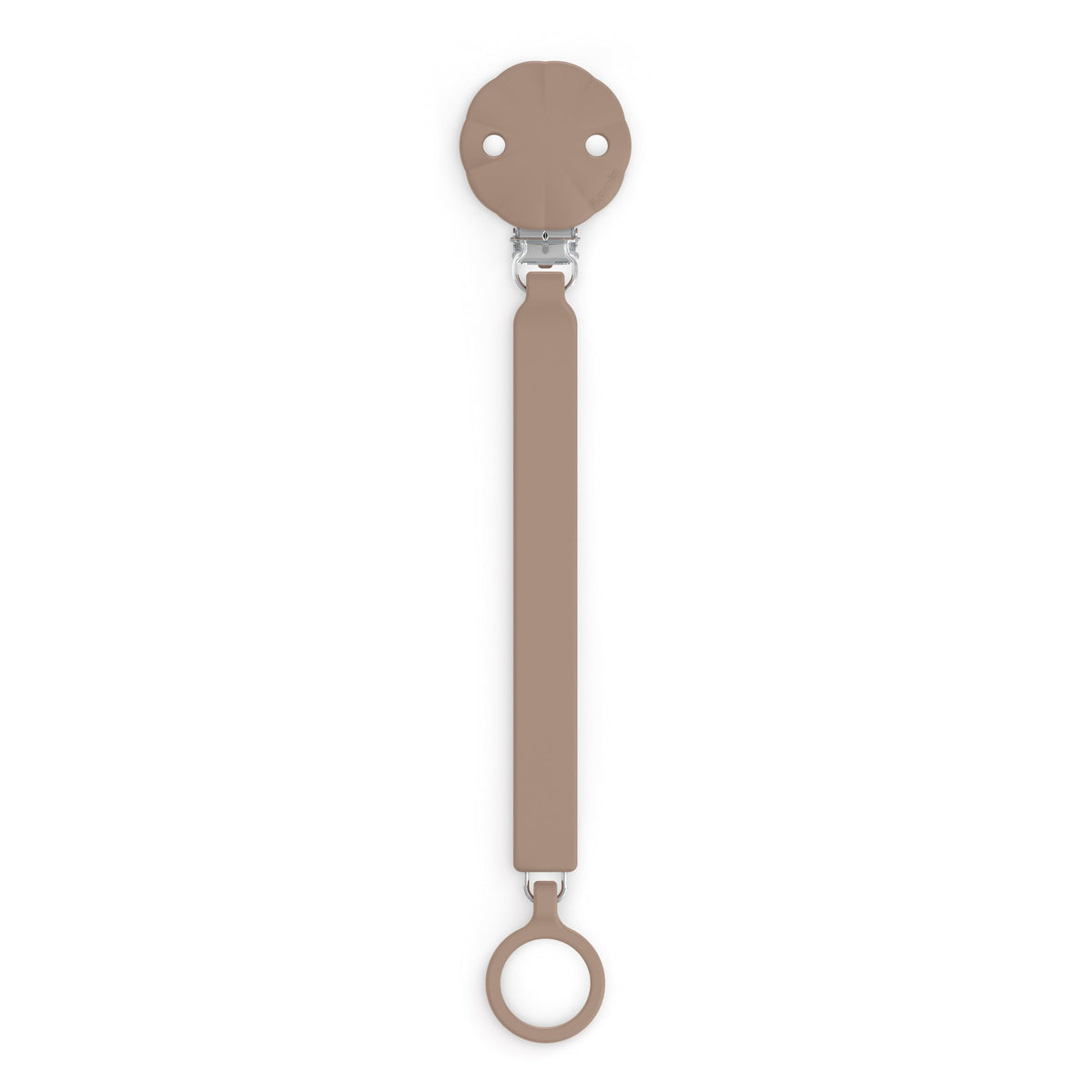 Suavinex Wonder pacifier clip in raw umber close-up showing smooth silicone finish for easy cleaning