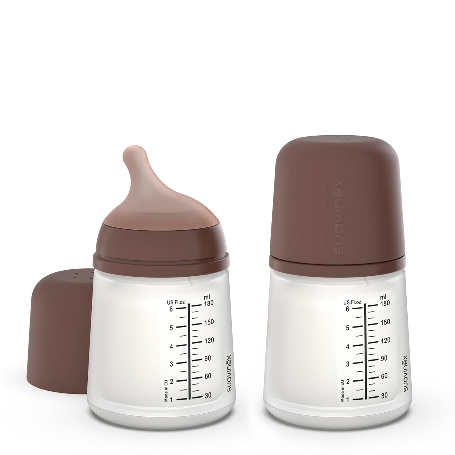 Suavinex Zero Zero anti-colic bottle front view with 6oz capacity.