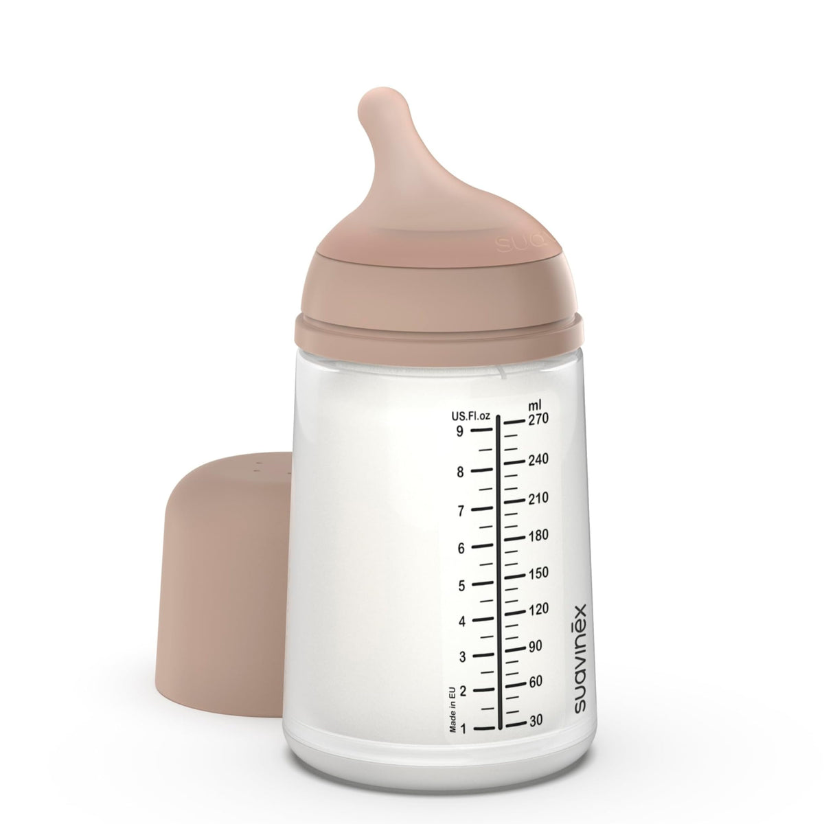 Suavinex Zero Zero anti-colic bottle close-up with air-reducing bag.