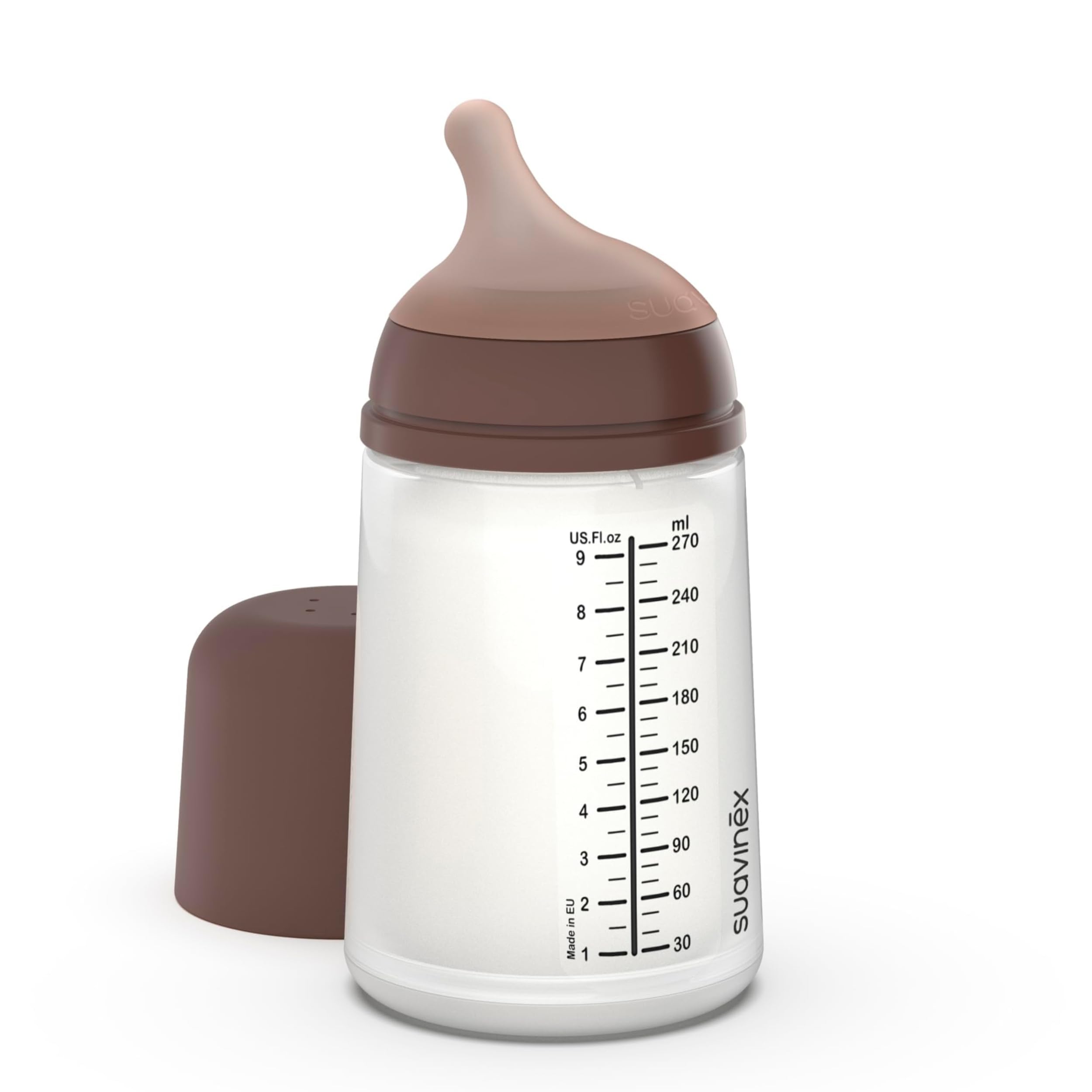 Suavinex Zero Zero anti-colic bottle close-up showing air-reducing bag for calmer feeds.