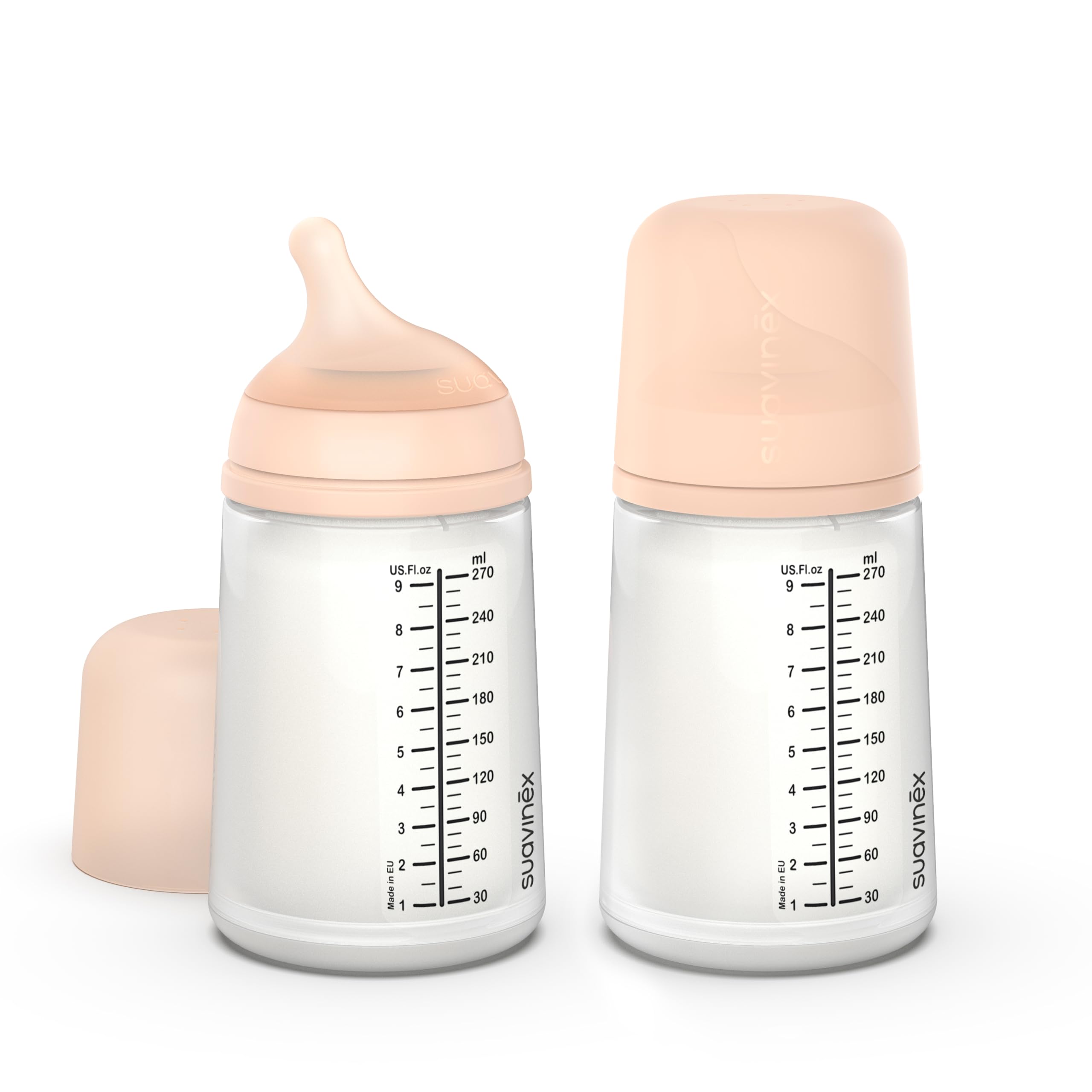 Suavinex Zerø.Zerø bottle front view with skin-tone shade for natural feeding appeal.