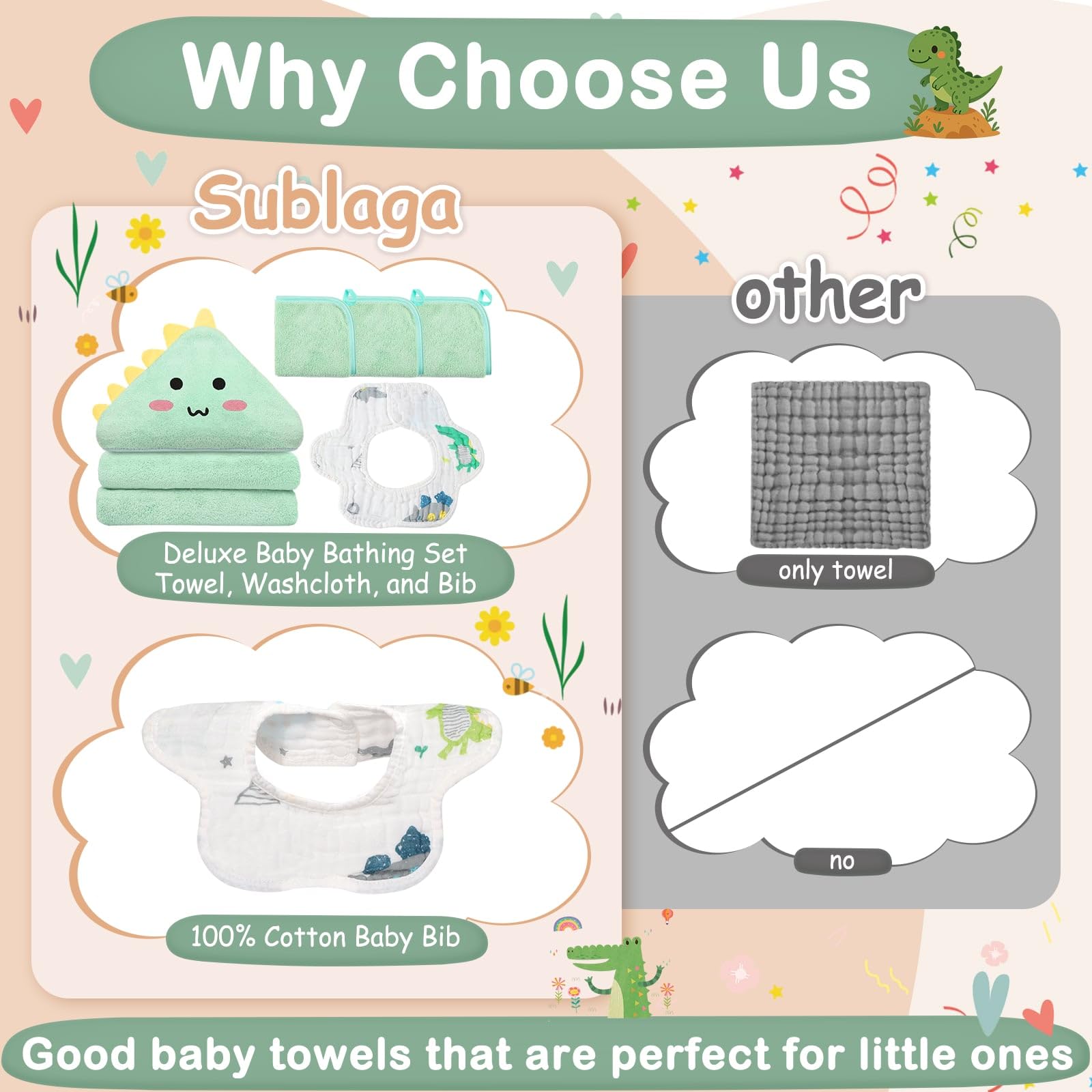 Sublaga 32x32 hooded towel provides full-body coverage for bath time.