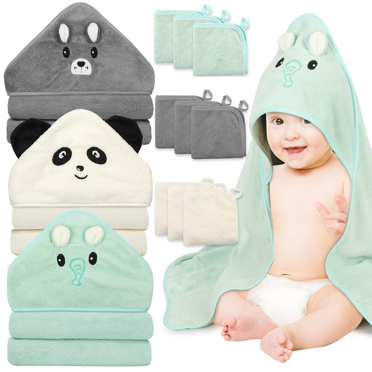Sublaga hooded towel with green elephant for gentle newborn drying.