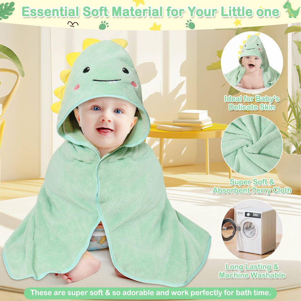 Sublaga hood detail features a green dinosaur for playful bath time