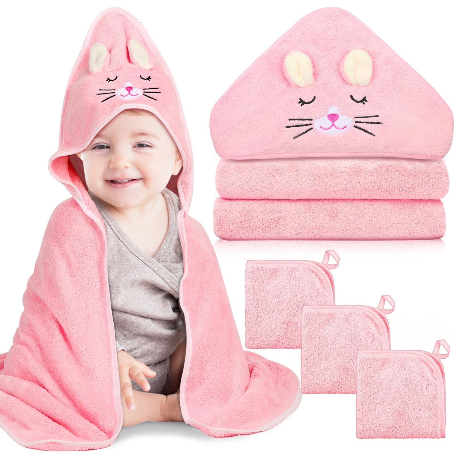 Sublaga hooded baby towel with pink kittens design keeps baby warm and dry.