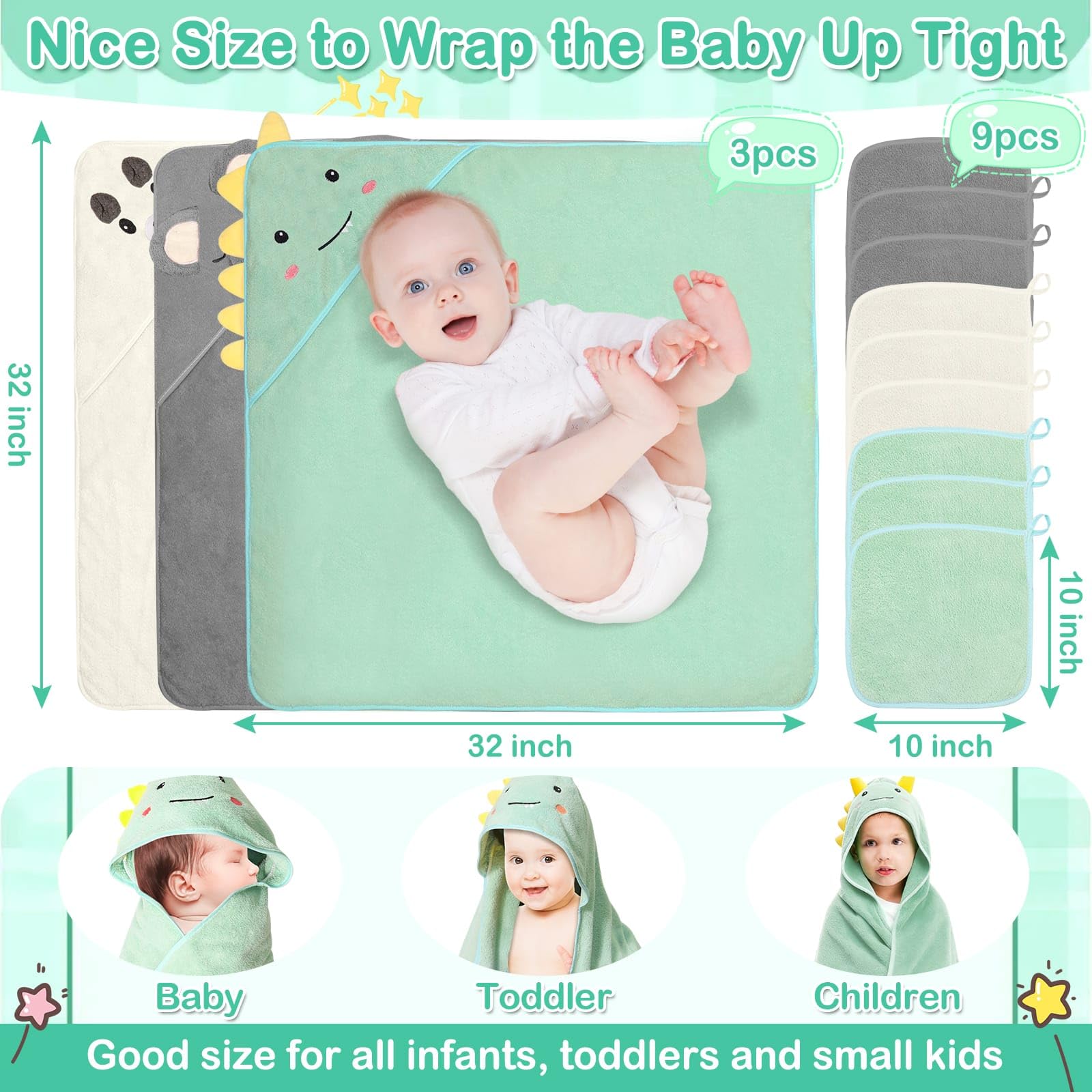 Sublaga hooded towel with dinosaur, cozy bath companion for toddlers.