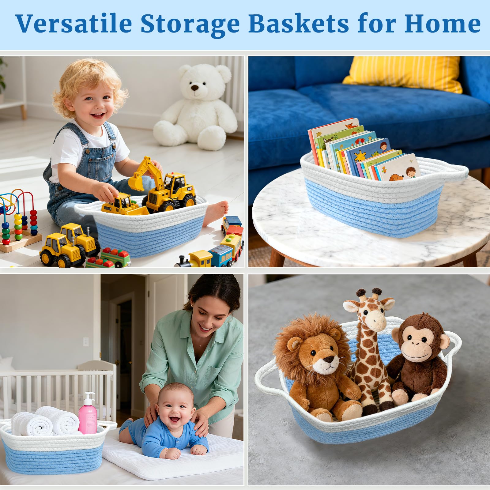 Succwoah nursery storage in blue fits shelves and dressers