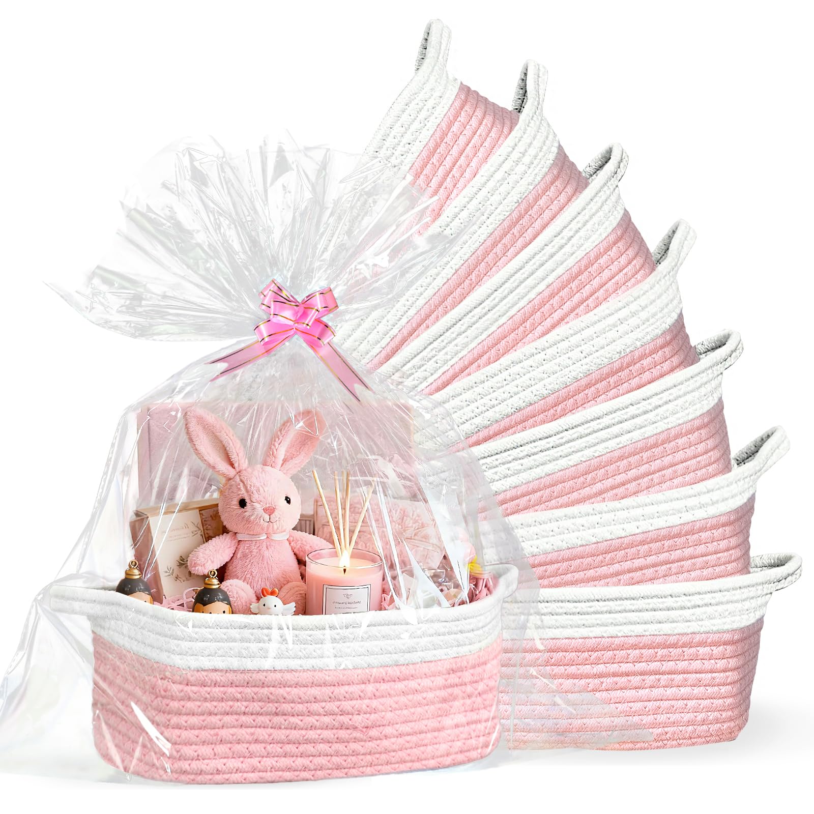 Succwoah small pink woven baskets with handles for organized storage.